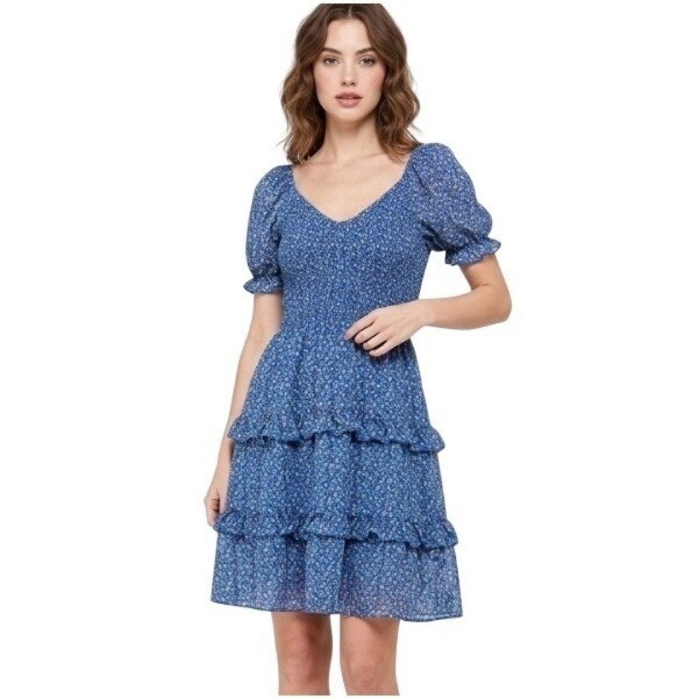 Smocked Peasant Dress Womens Large Blue Floral Puff Sleeve Tiered Midi Milkmaid